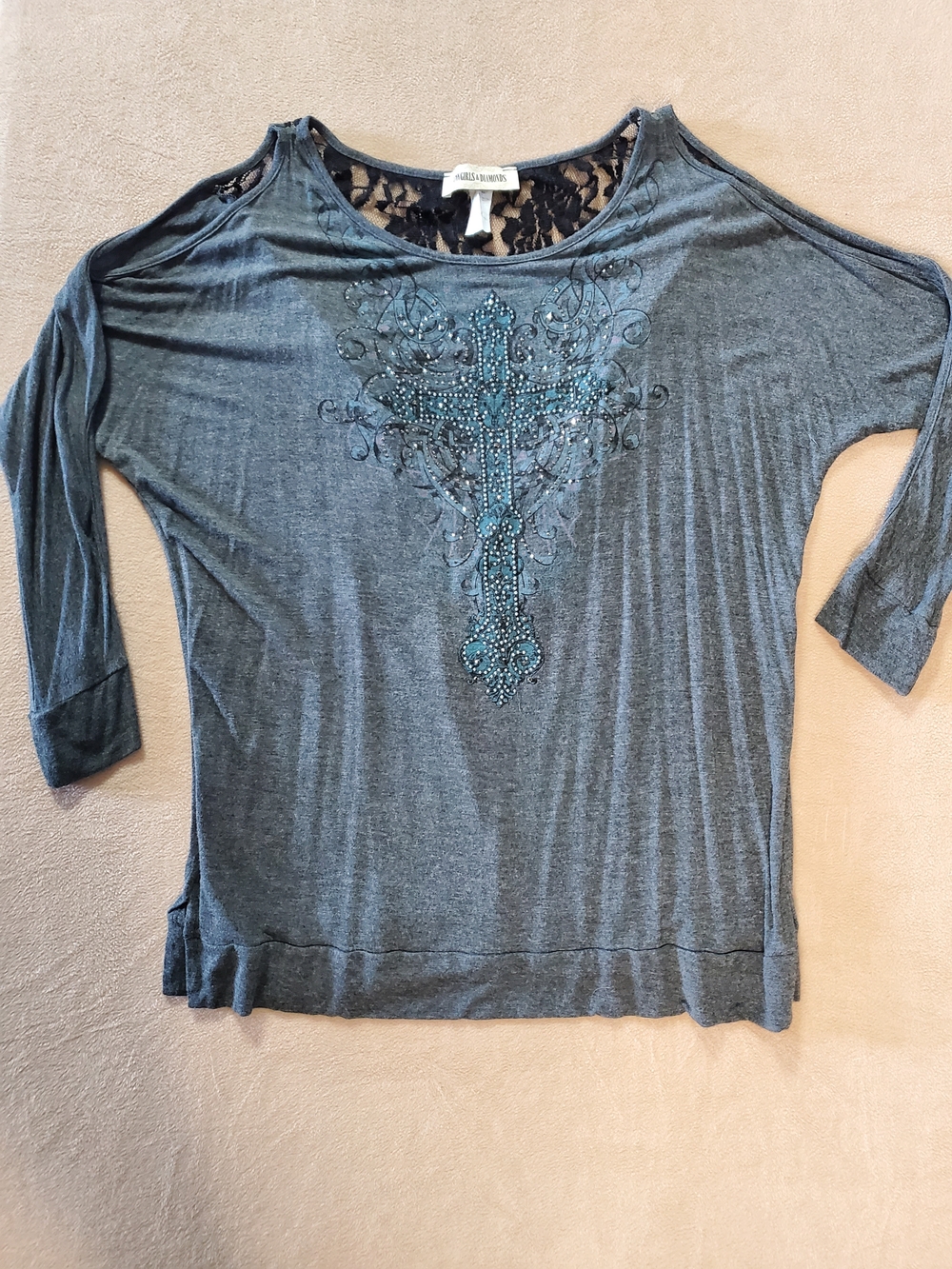 Cowgirls And Diamonds Embellished Cross Top With Fringe/ Charcoal
